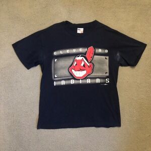 Vtg 1995 Cleveland Indians Chief Wahoo M L T Shirt Hanes Navy Blue MLB Champknit